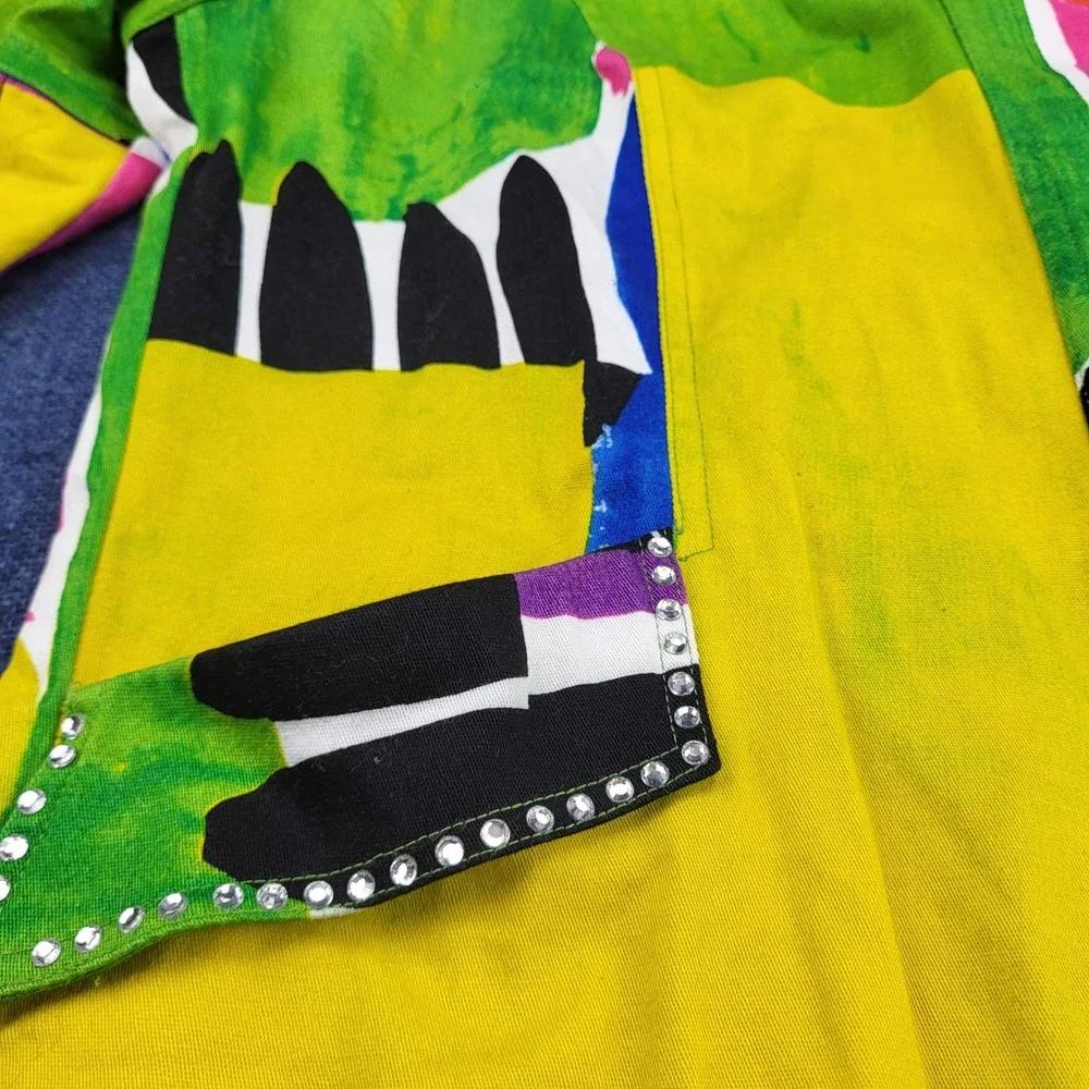 Berek Abstract Art Zip Up Jacket XL Yellow Green Rhinestone Bell Sleeve Cotton